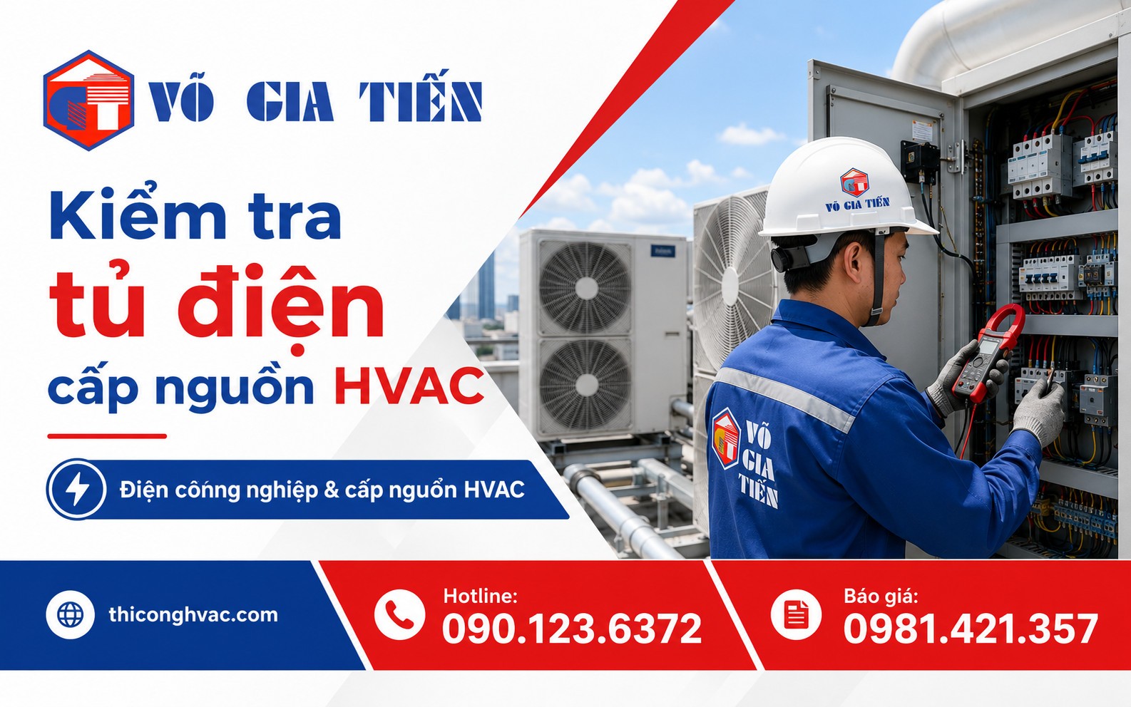 Kỹ thuật viên kiểm tra tủ điện cấp nguồn HVAC tại công trình