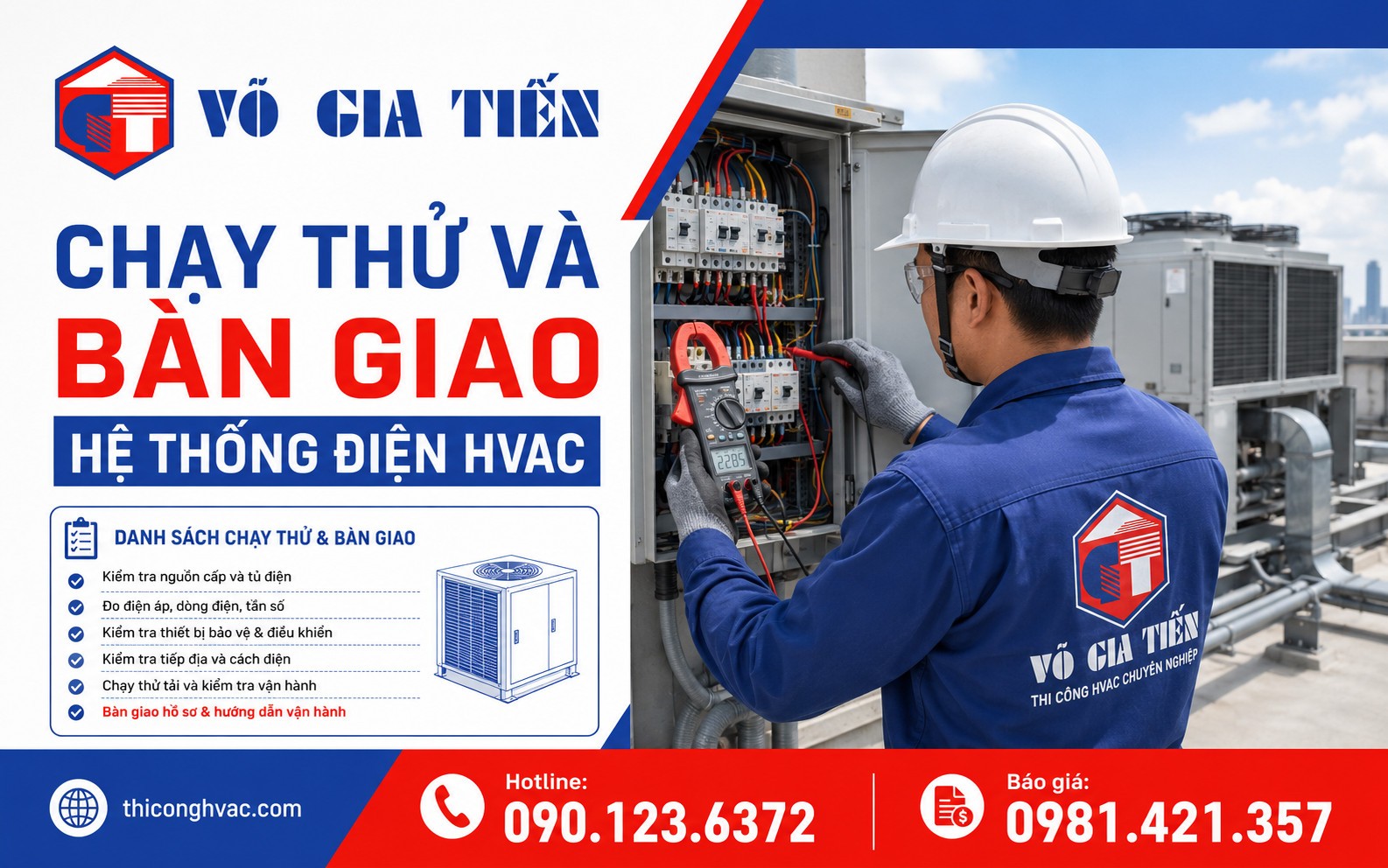 Kỹ thuật viên đo dòng, kiểm tra điện và chạy thử thiết bị HVAC