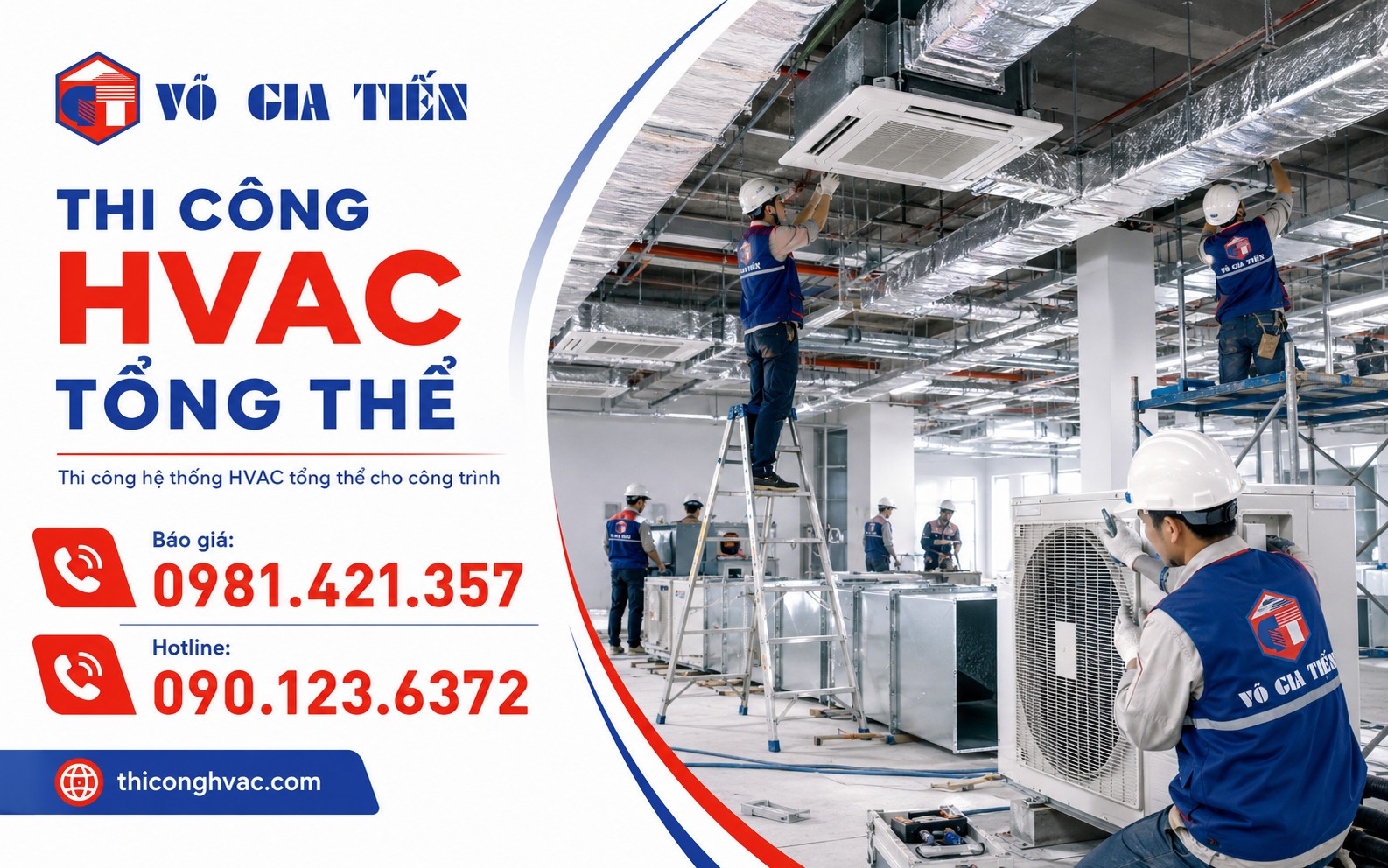 Kỹ thuật viên thi công hệ thống HVAC tại công trình, có dàn nóng, ống gió, tủ điện