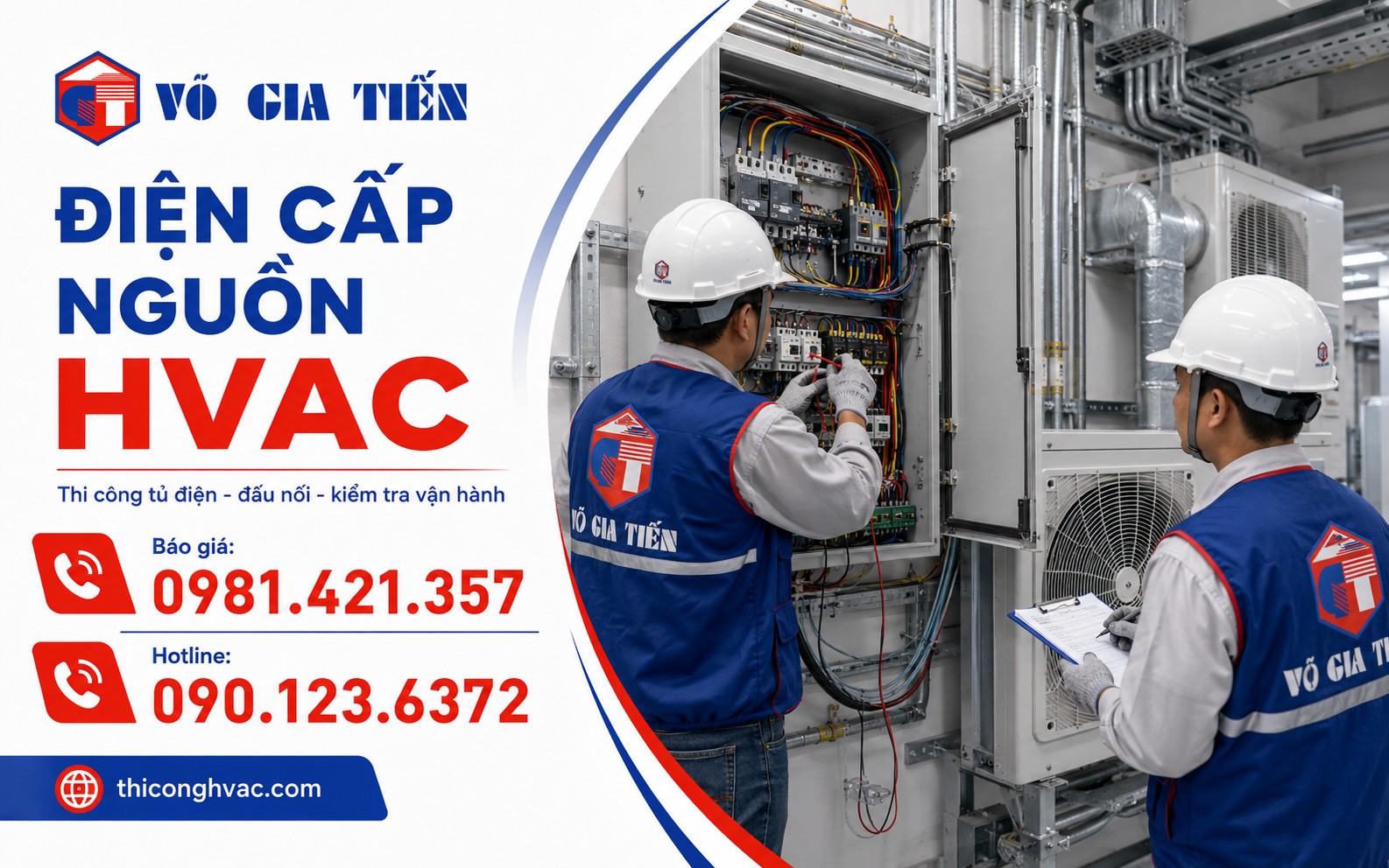 Kỹ thuật viên kiểm tra tủ điện, đấu nối dây cấp nguồn cho hệ thống HVAC