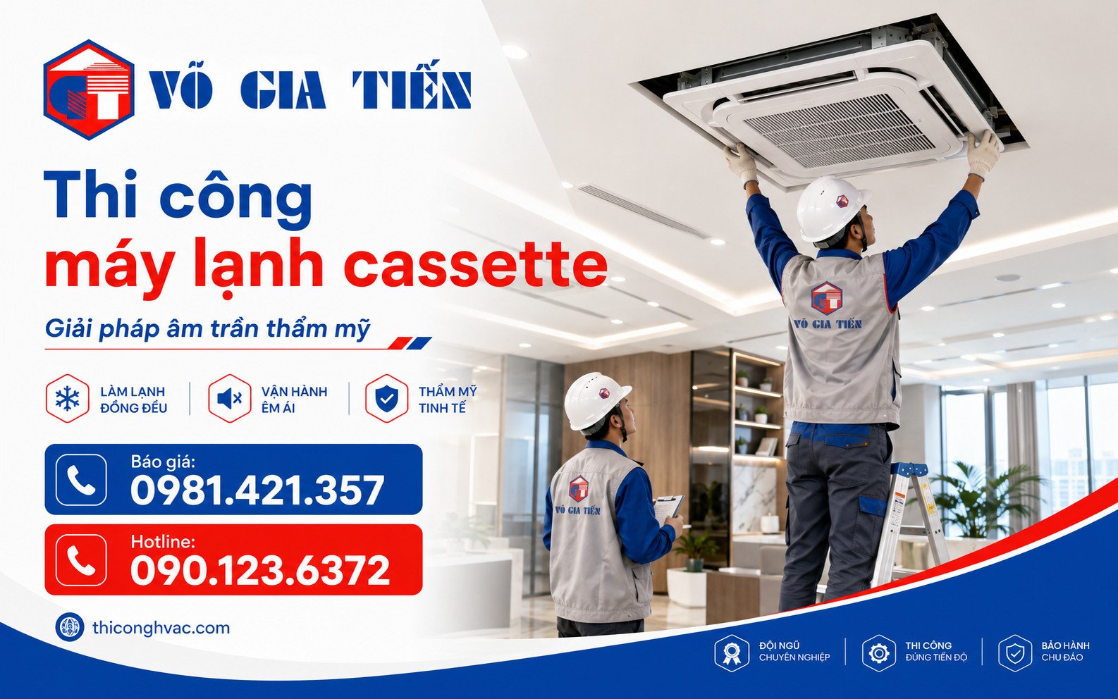 Kỹ thuật viên thi công máy lạnh âm trần cassette trong văn phòng, showroom
