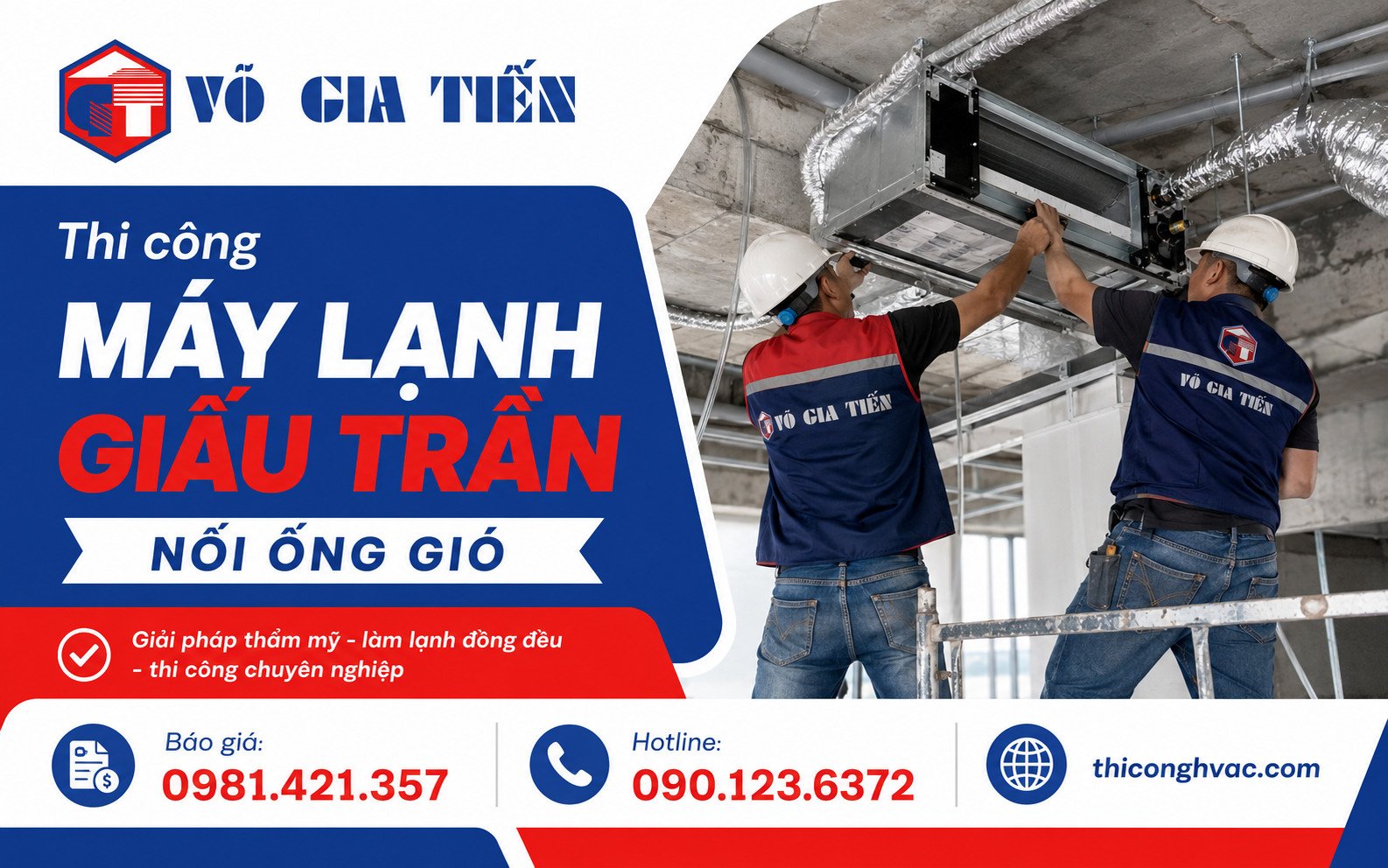 Kỹ thuật viên thi công máy lạnh giấu trần nối ống gió tại công trình