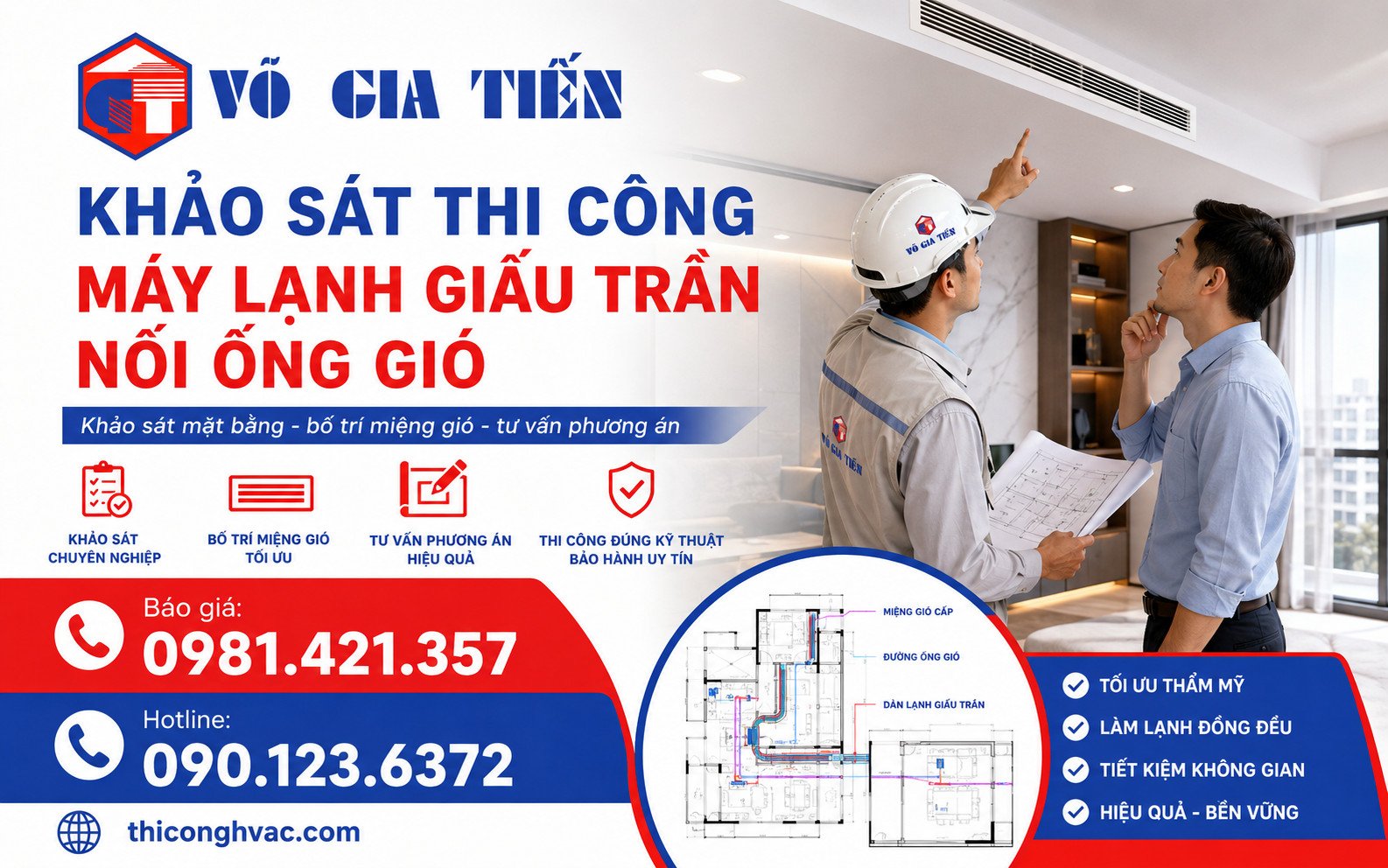 Kỹ sư khảo sát mặt bằng, trần kỹ thuật và vị trí bố trí miệng gió