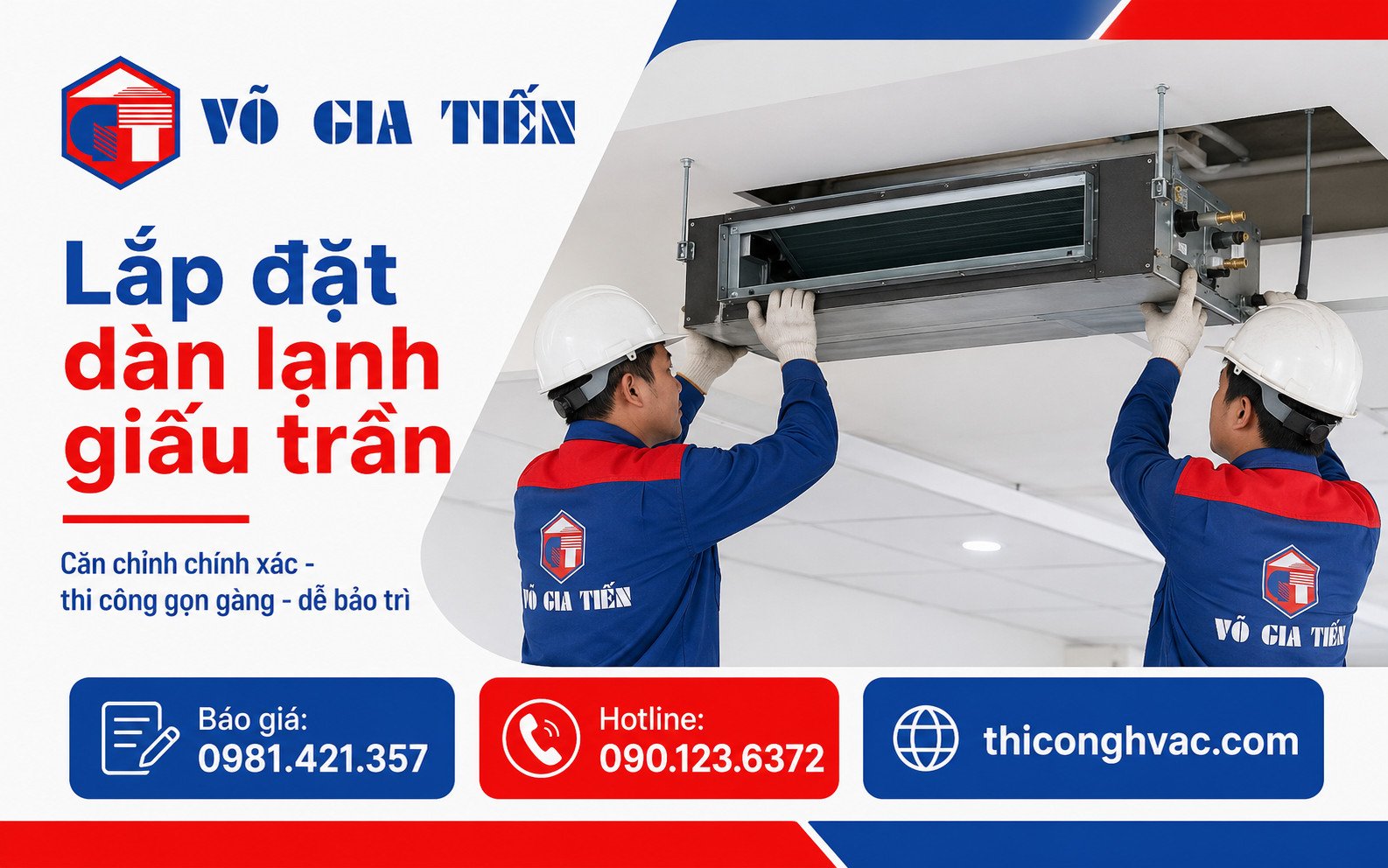 Kỹ thuật viên treo dàn lạnh trên trần kỹ thuật trước khi hoàn thiện