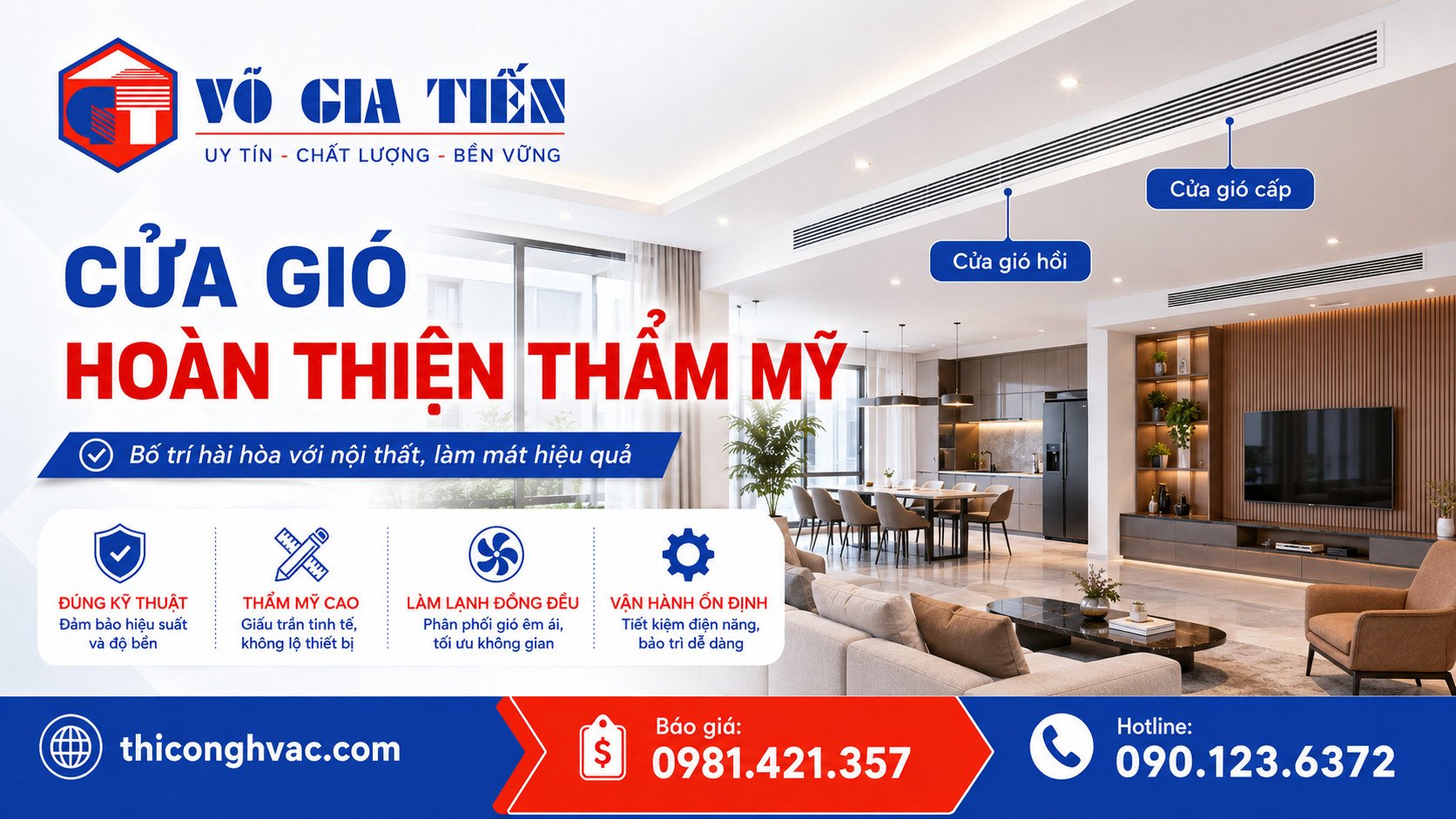 Cửa gió cấp và cửa gió hồi của máy lạnh âm trần nối ống gió sau hoàn thiện
