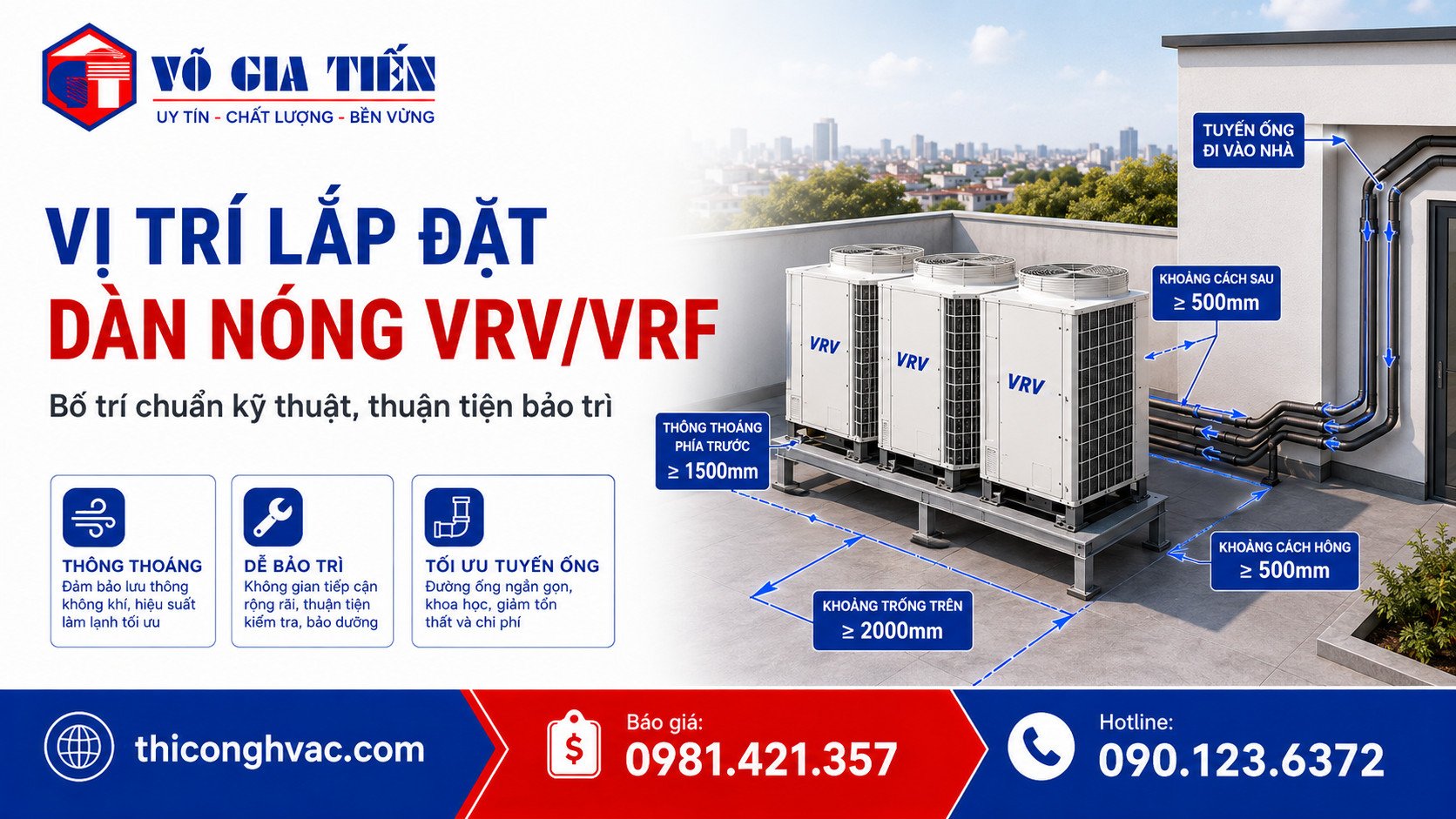 Thi Công Hệ Thống VRV/VRF Cho Nhà Phố, Biệt Thự, Văn Phòng 4 Dàn nóng cần bố trí thoáng gió, dễ bảo trì và phù hợp tuyến ống kỹ thuật.