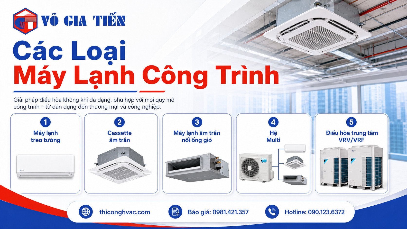 Các loại máy lạnh công trình gồm treo tường cassette âm trần nối ống gió và VRV VRF