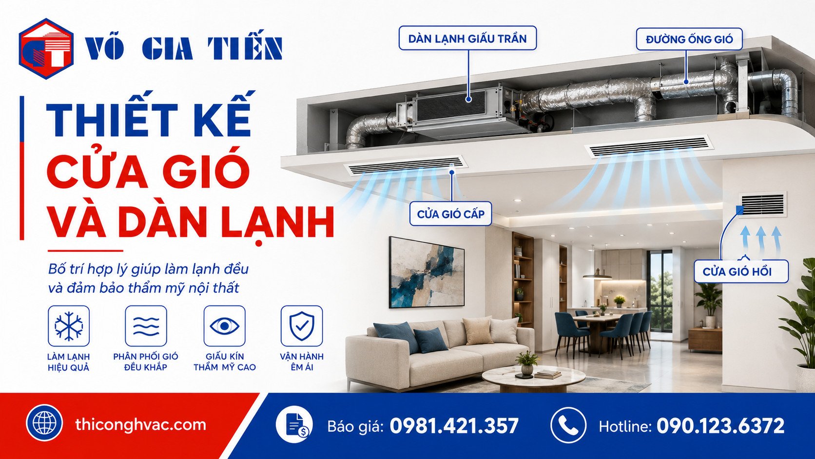 Bố trí cửa gió hợp lý giúp làm lạnh đều và giữ thẩm mỹ cho trần nội thất.