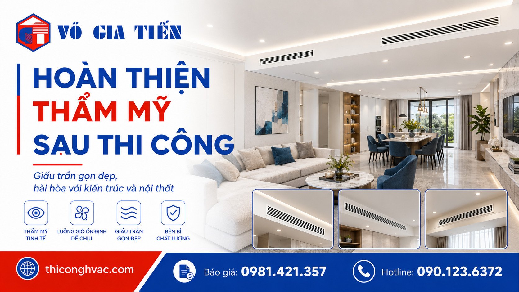 Hình không gian hoàn thiện sau thi công, cửa gió được bố trí gọn đẹp, dàn lạnh được giấu trên trần, phù hợp công trình yêu cầu thẩm mỹ cao.