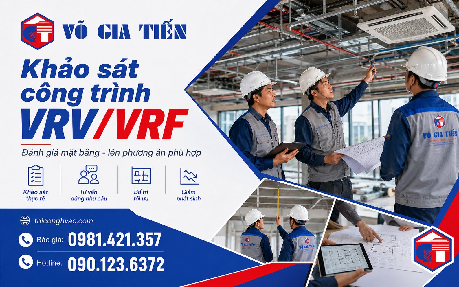 Kỹ sư khảo sát mặt bằng, xem bản vẽ và vị trí lắp dàn nóng/dàn lạnh cho hệ VRV/VRF