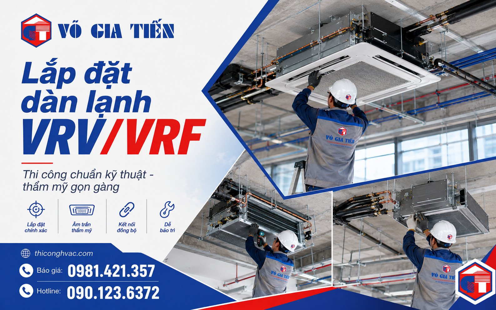 Kỹ thuật viên lắp dàn lạnh cassette hoặc giấu trần trong khu vực trần kỹ thuật