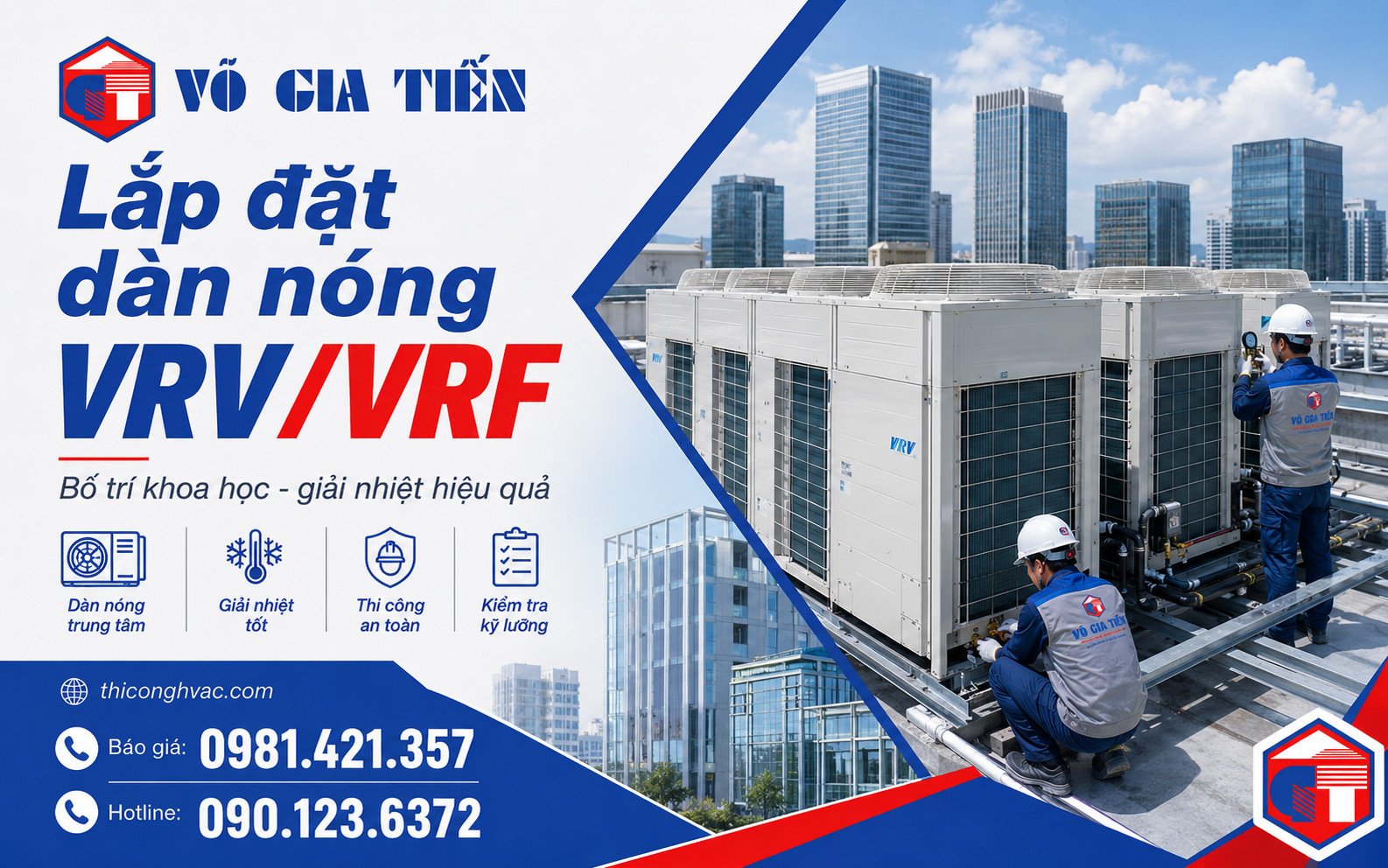 Dàn nóng VRV/VRF đặt tại sân thượng, kỹ thuật viên kiểm tra đấu nối