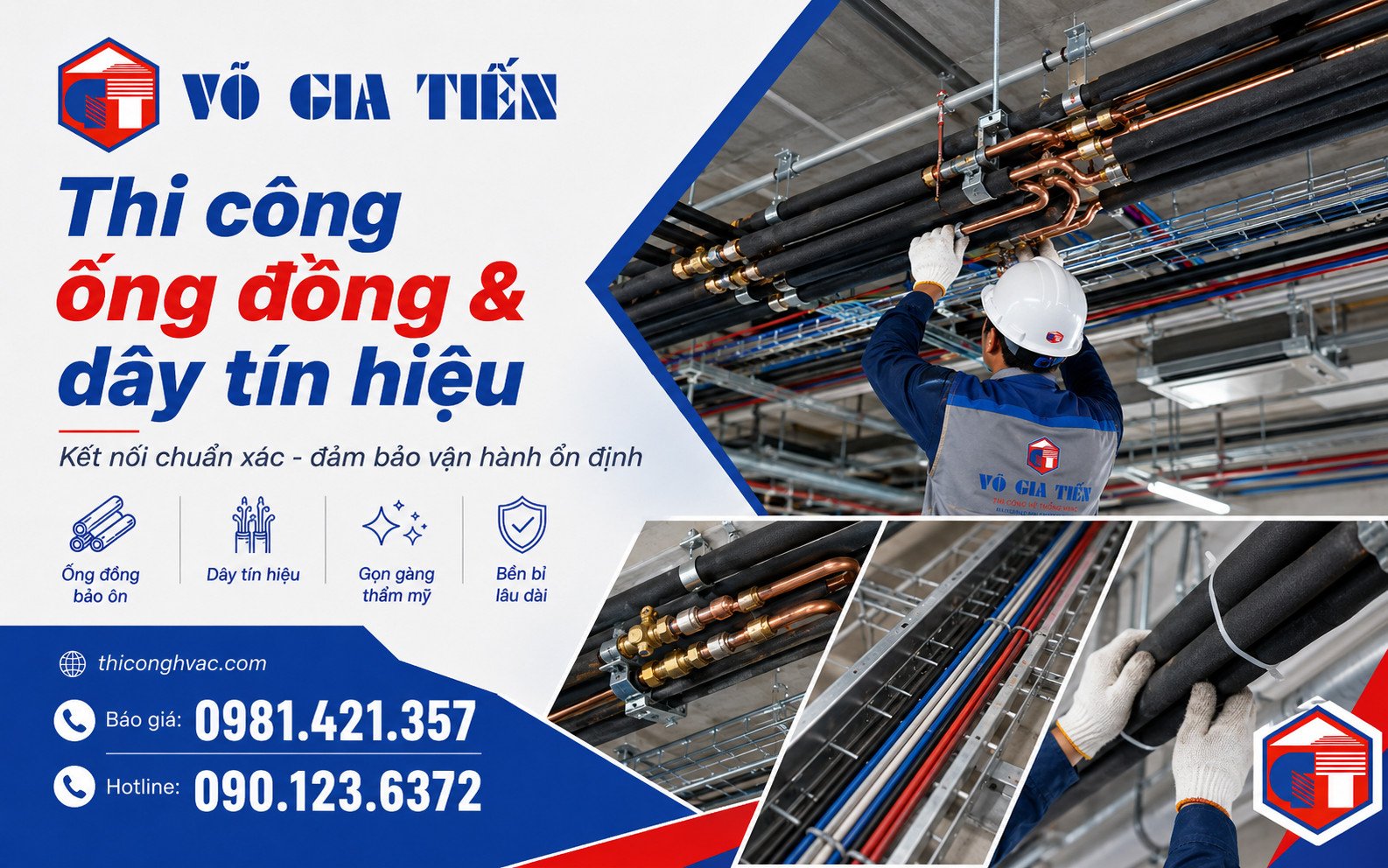 Cận cảnh kỹ thuật viên thi công ống đồng, dây điều khiển, bảo ôn và cố định tuyến ống