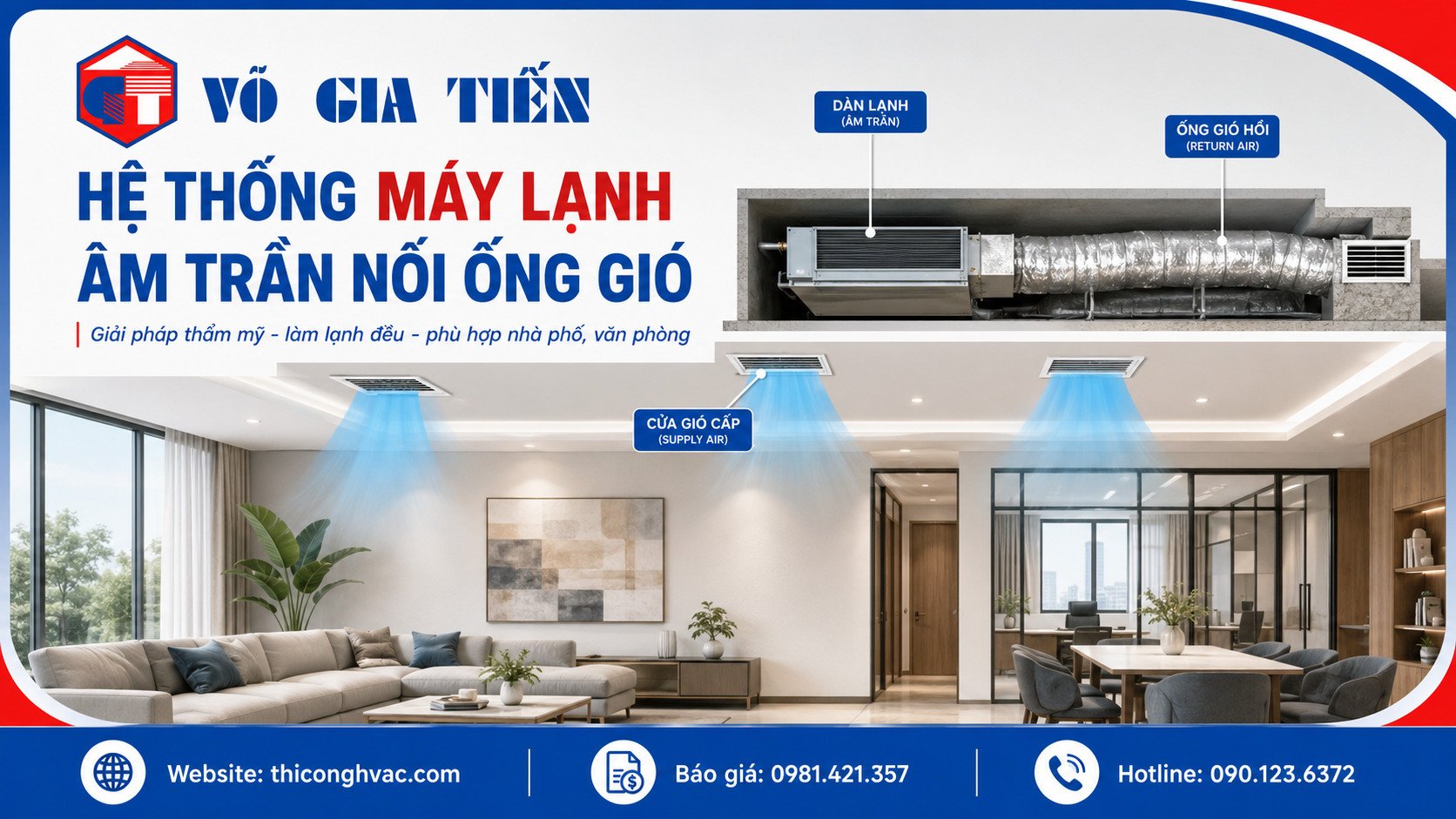 Máy lạnh âm trần nối ống gió thường được lắp giấu trên trần, kết nối với ống gió và miệng gió cấp.
